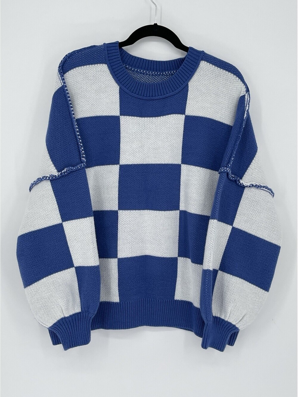 Blue White Checkerboard Sweater XXL Oversized Exposed Seam Crewneck Pullover
